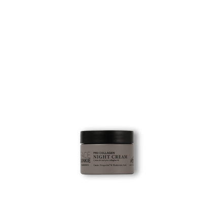 A jar of Face Junkie Pro Collagen Night Cream is displayed against a transparent background. The sleek gray packaging is simple and elegant, with black text highlighting the product’s key ingredients, including cacao, dragosine, and hyaluronic acid. The minimalist design emphasises the product&